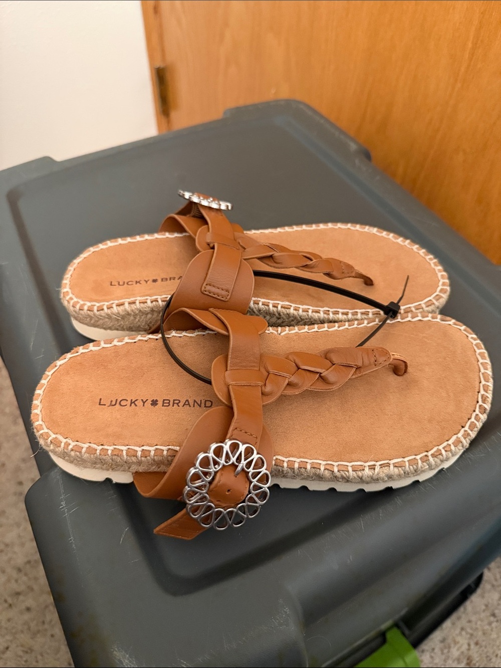 Lucky Brand Brown Braided Leather Thong Sandals with Silver Accent